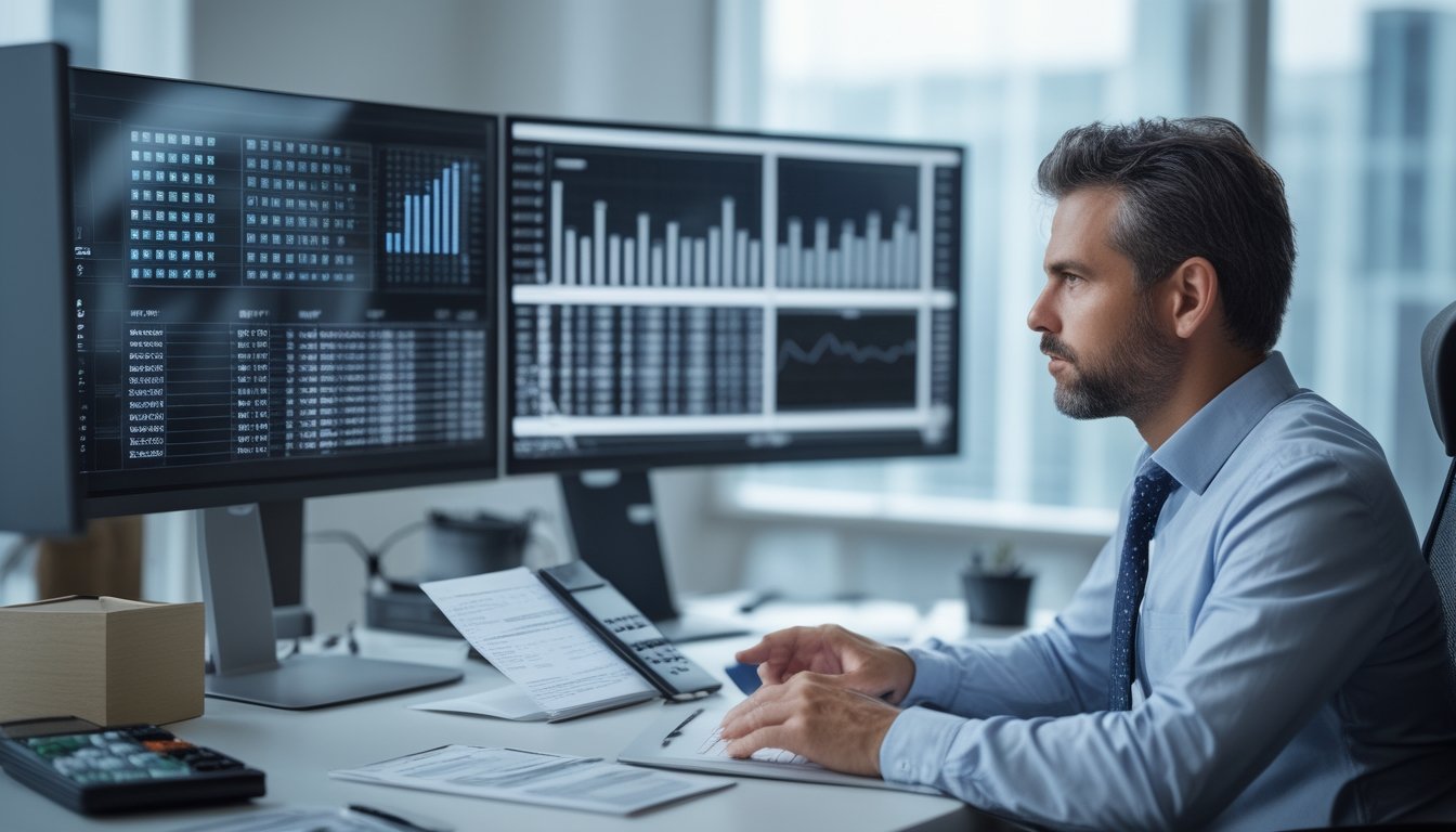 Seorang analis meninjau pola angka dan grafik data anonim di meja kerja modern.