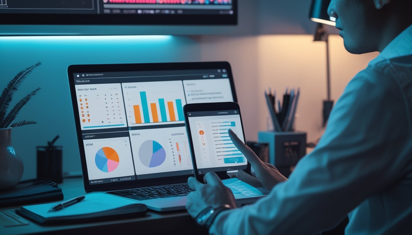 Seorang profesional meninjau visualisasi data abstrak pada laptop dan ponsel di meja kerja modern.