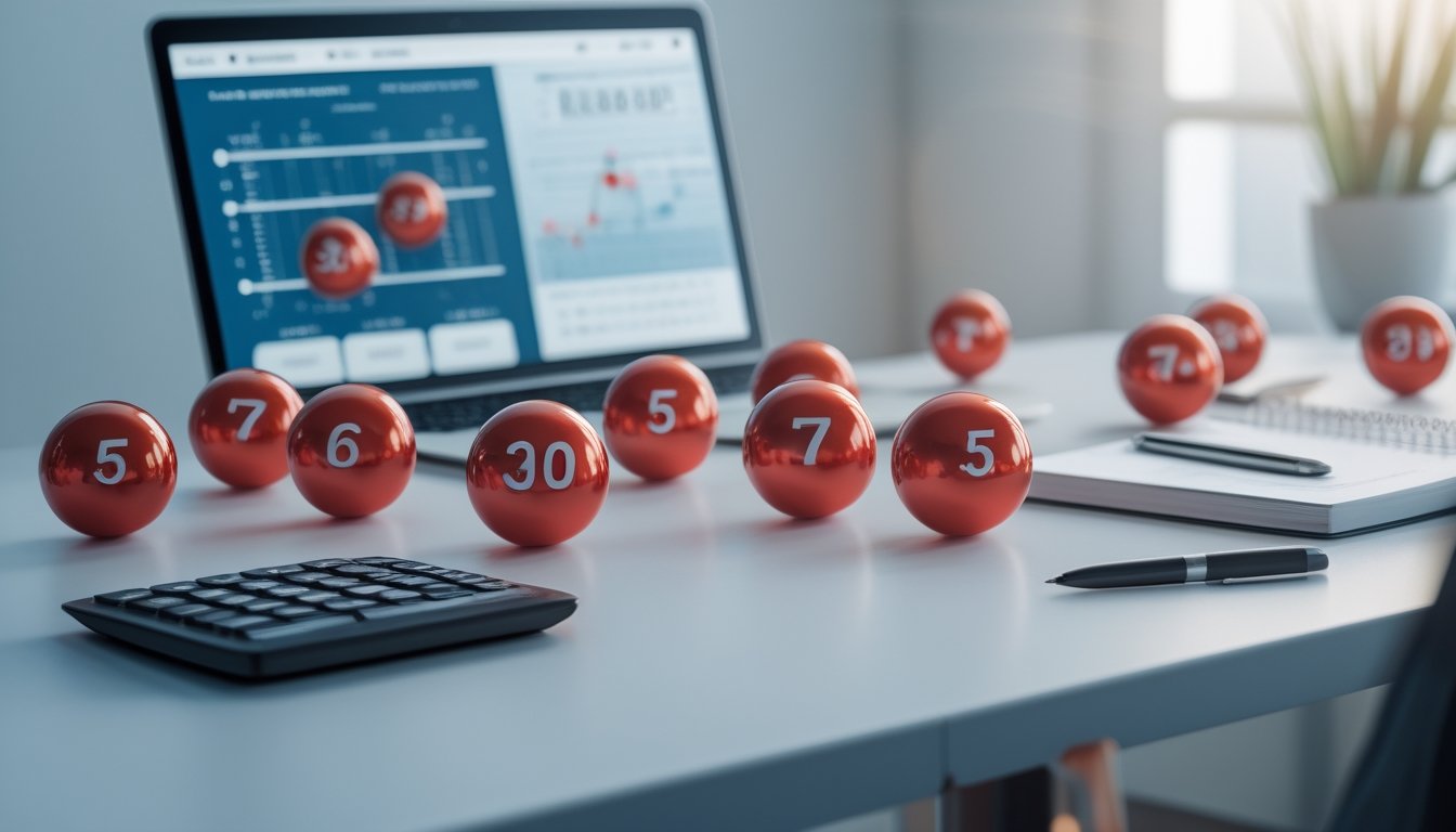 Bola merah dan perangkat analisis data berada di atas meja kerja modern.