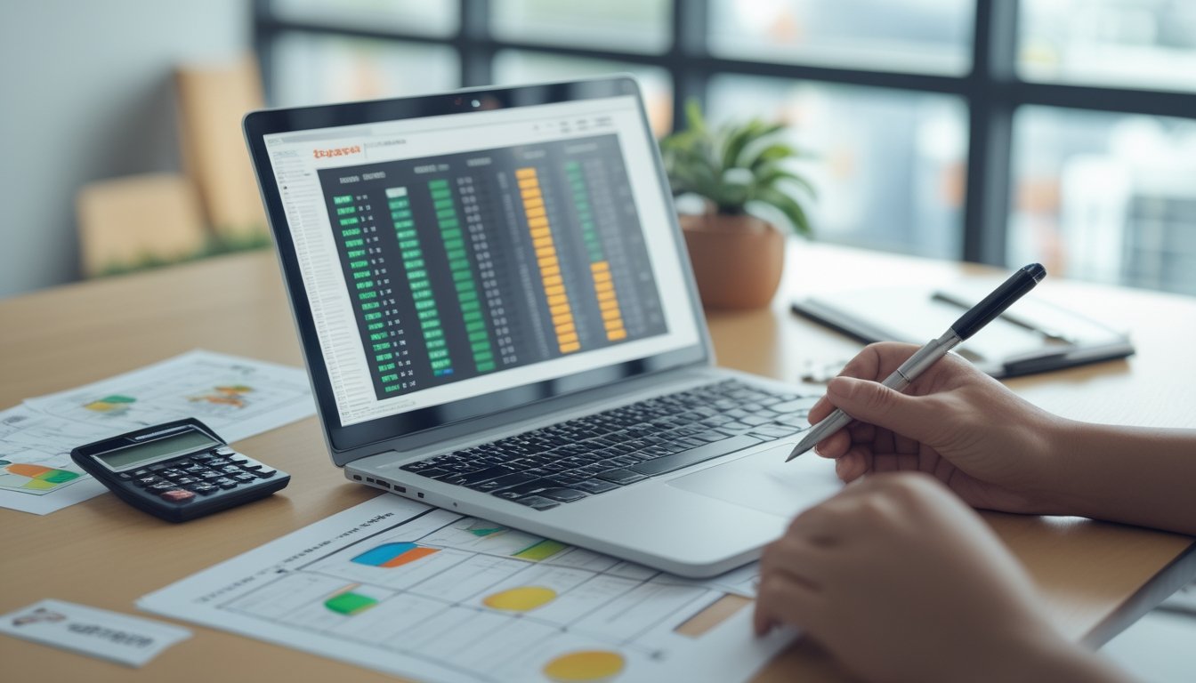 Meja kerja modern dengan laptop dan lembar grafik berwarna yang sedang dianalisis menggunakan kalkulator dan kaca pembesar.