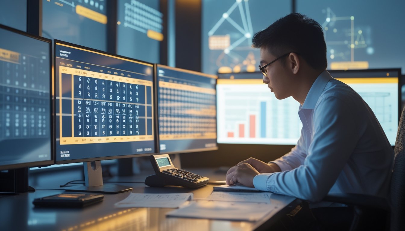 Seorang analis mempelajari pola data abstrak di meja kerja dengan beberapa monitor.