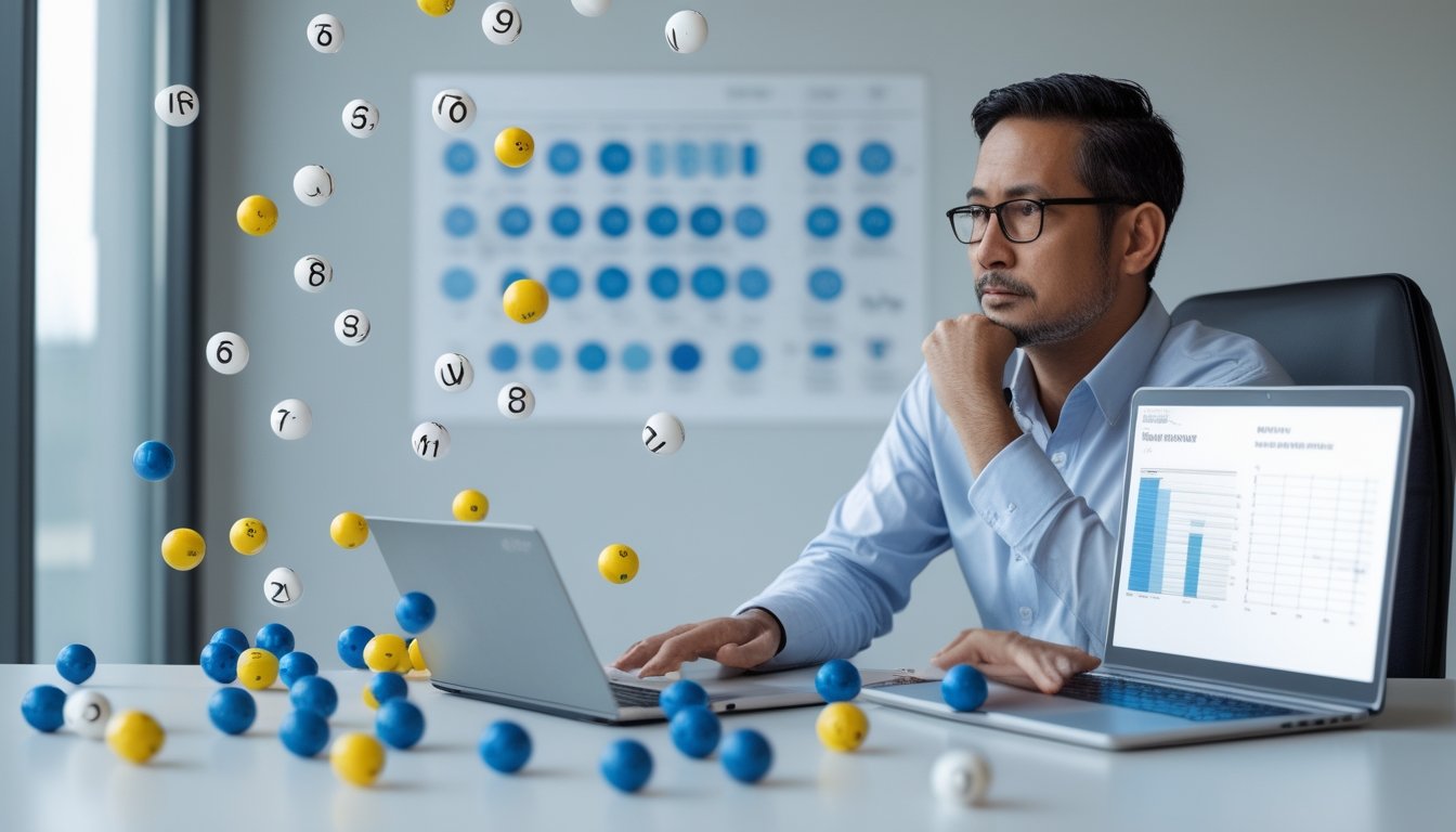 Seorang analis mengamati bola undian, grafik probabilitas, dan data acak di meja kerja.