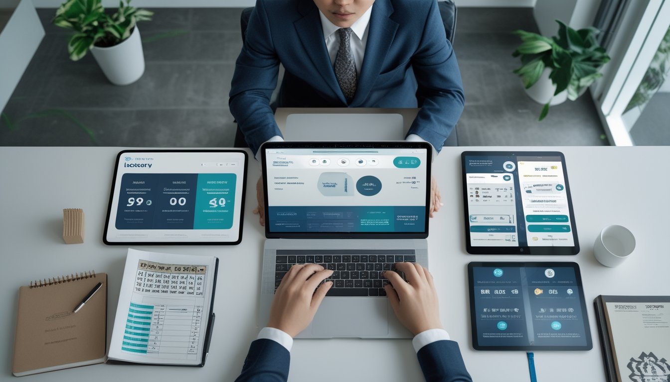 Seorang profesional membandingkan platform lotere digital menggunakan laptop dan tablet di meja kerja.
