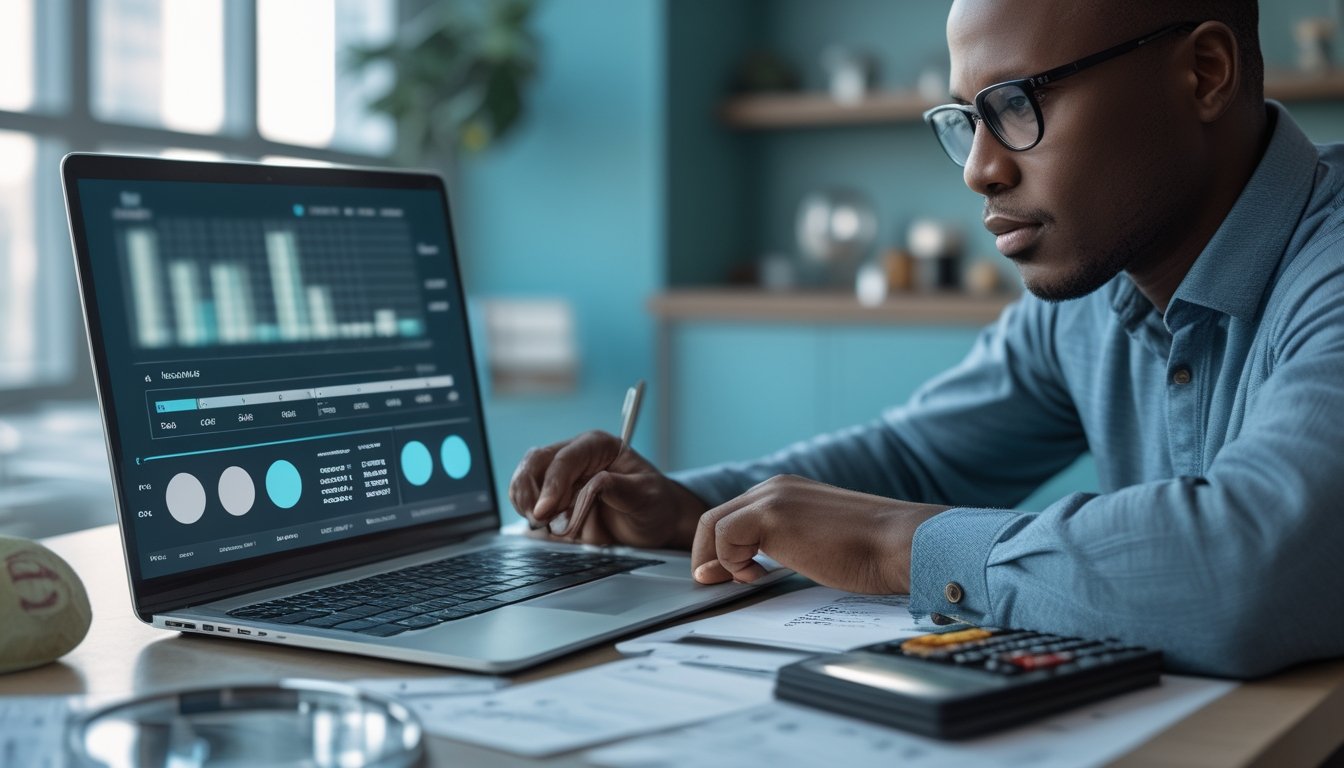 Seorang analis dewasa mengevaluasi informasi hadiah dan keamanan lotre online di meja kerja modern.