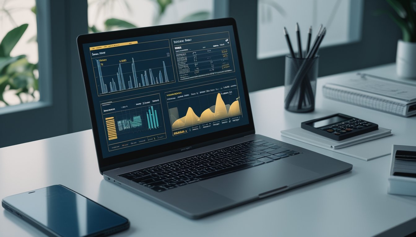 Meja kerja modern dengan laptop yang menampilkan grafik analisis data abstrak, ponsel, kalender, kalkulator, dan buku catatan.