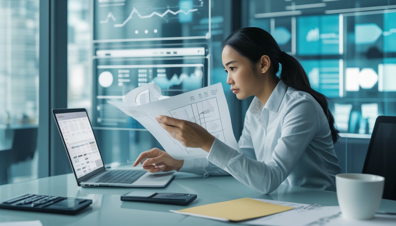 Analis dewasa memeriksa grafik abstrak di laptop bersama kolega di kantor modern.
