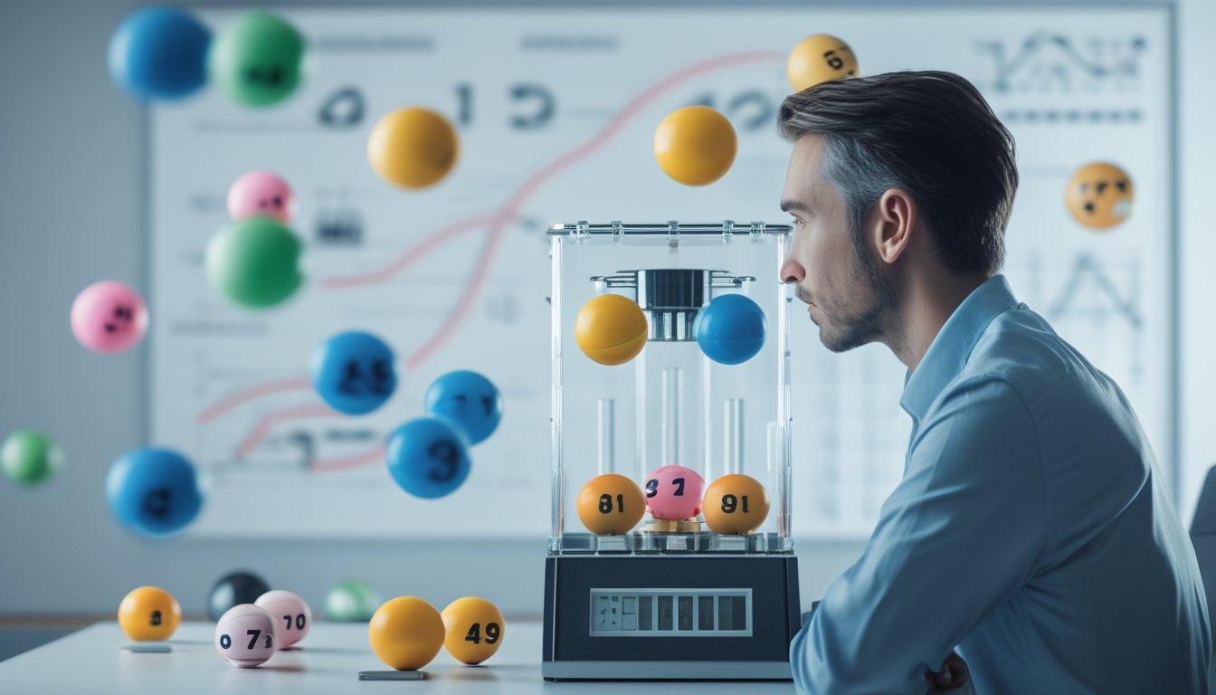 Seorang analis mengamati mesin undian berisi bola bernomor di ruang kerja dengan grafik probabilitas yang samar.