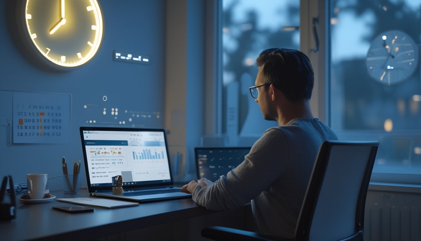 Seseorang menggunakan laptop di ruang kerja modern dengan tampilan grafik data dan simbol waktu sepanjang hari.