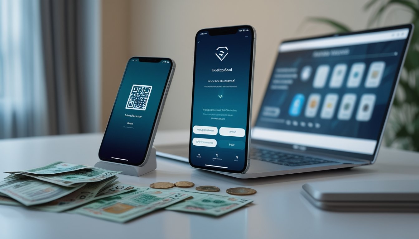 Ponsel menampilkan pembayaran digital melalui kode QR di samping uang rupiah dan laptop.