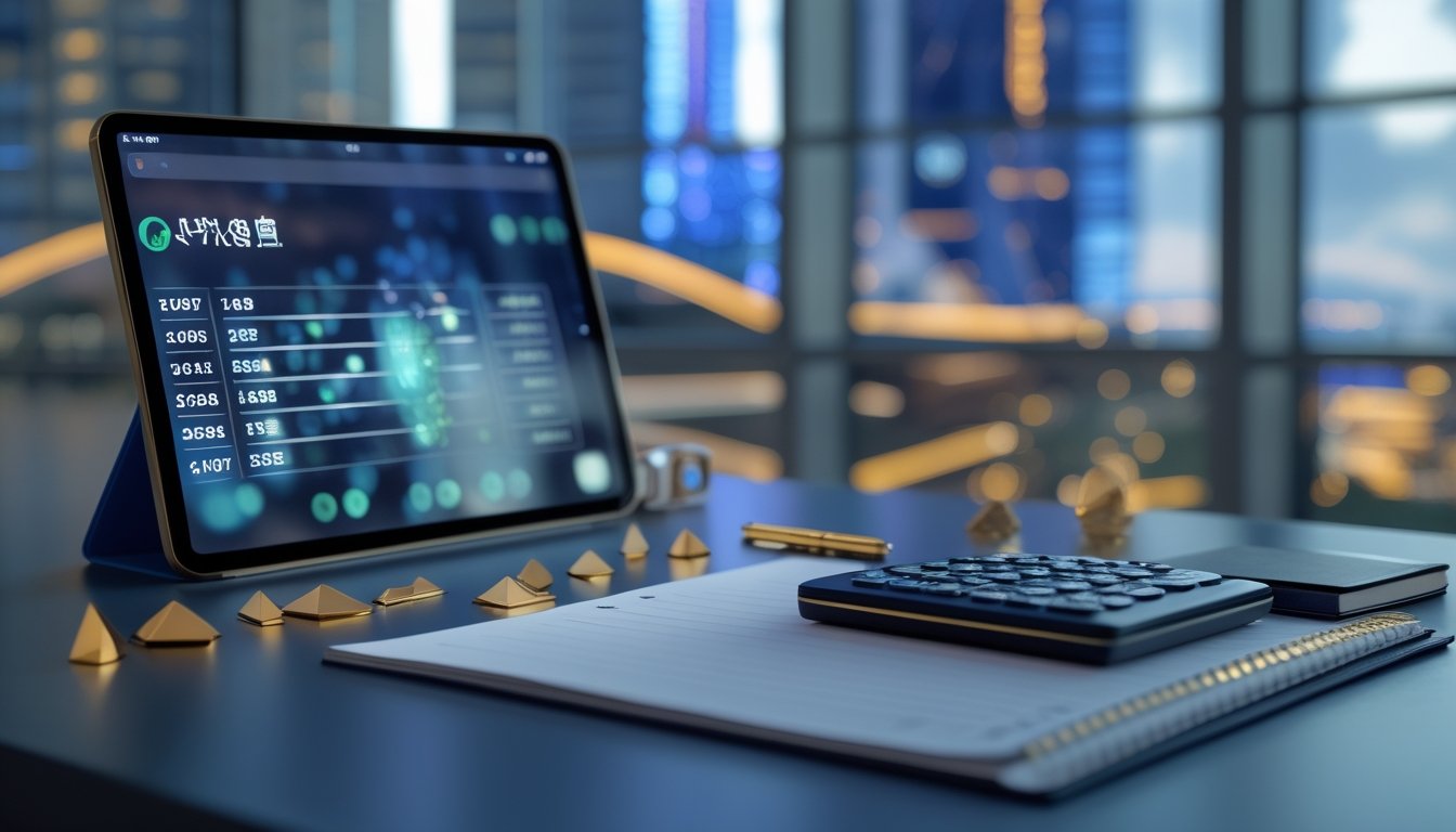 Meja kerja modern dengan tablet berisi grafik abstrak, buku catatan kosong, kalkulator, dan pena dalam suasana profesional.