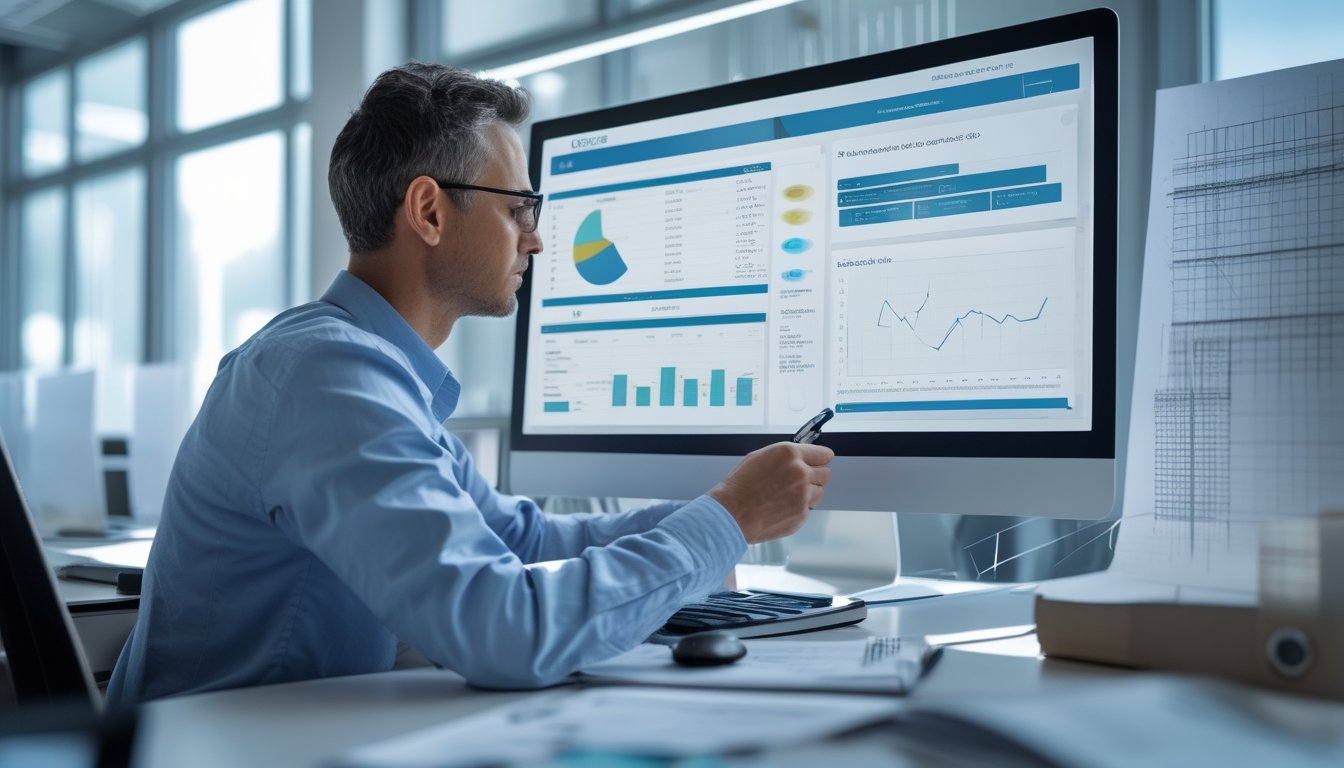 Seorang analis memeriksa grafik probabilitas dan data numerik di meja kerja modern.