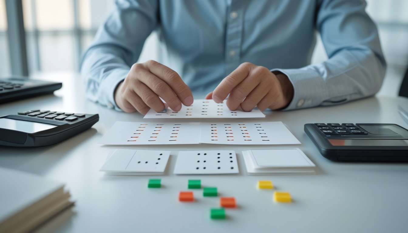 Seorang analis mempelajari kartu dan simbol abstrak di meja kerja untuk menggambarkan analisis peluang togel empat angka.