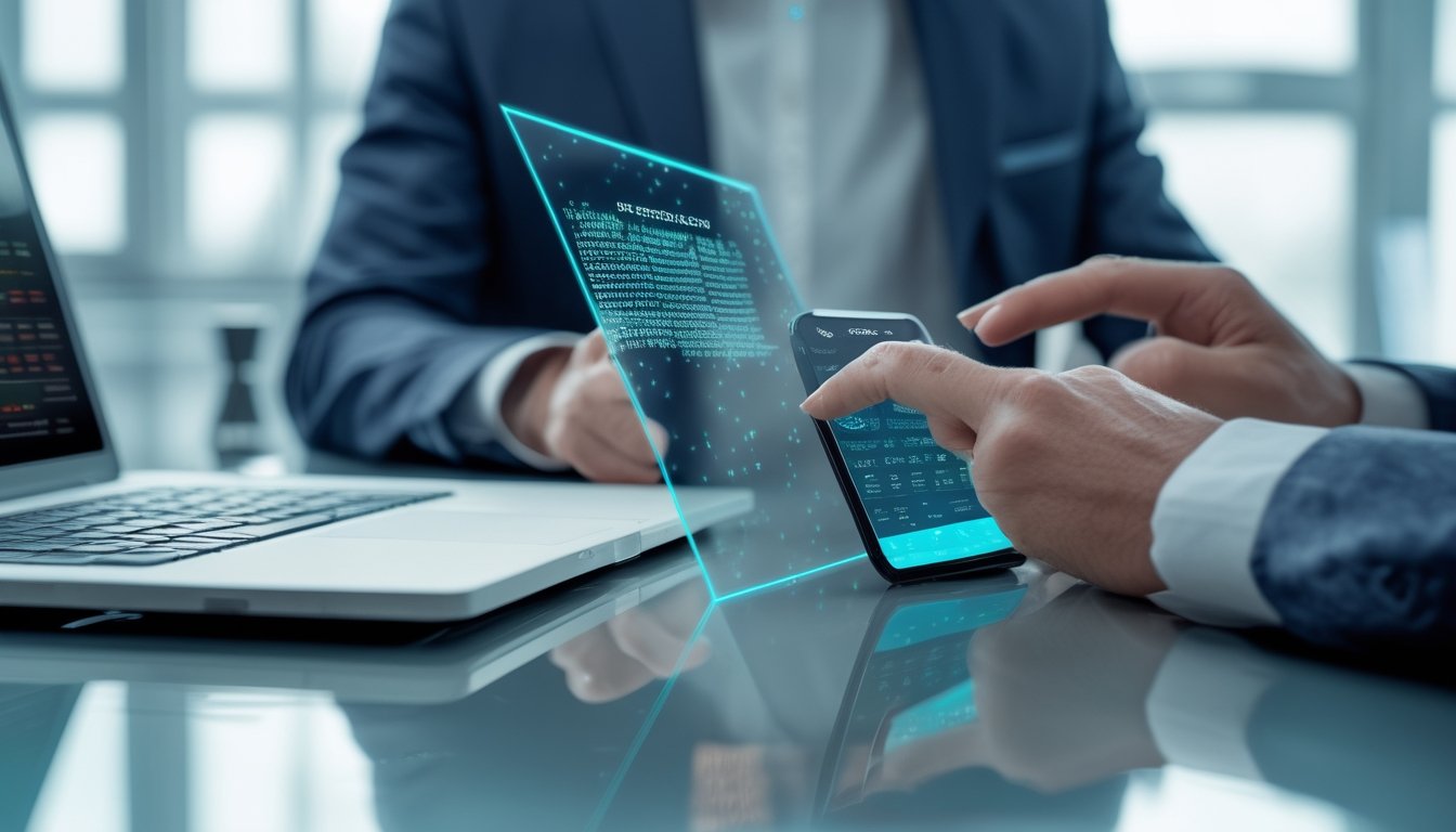 Tangan seseorang menggunakan ponsel Android untuk menganalisis data angka di meja kerja modern.