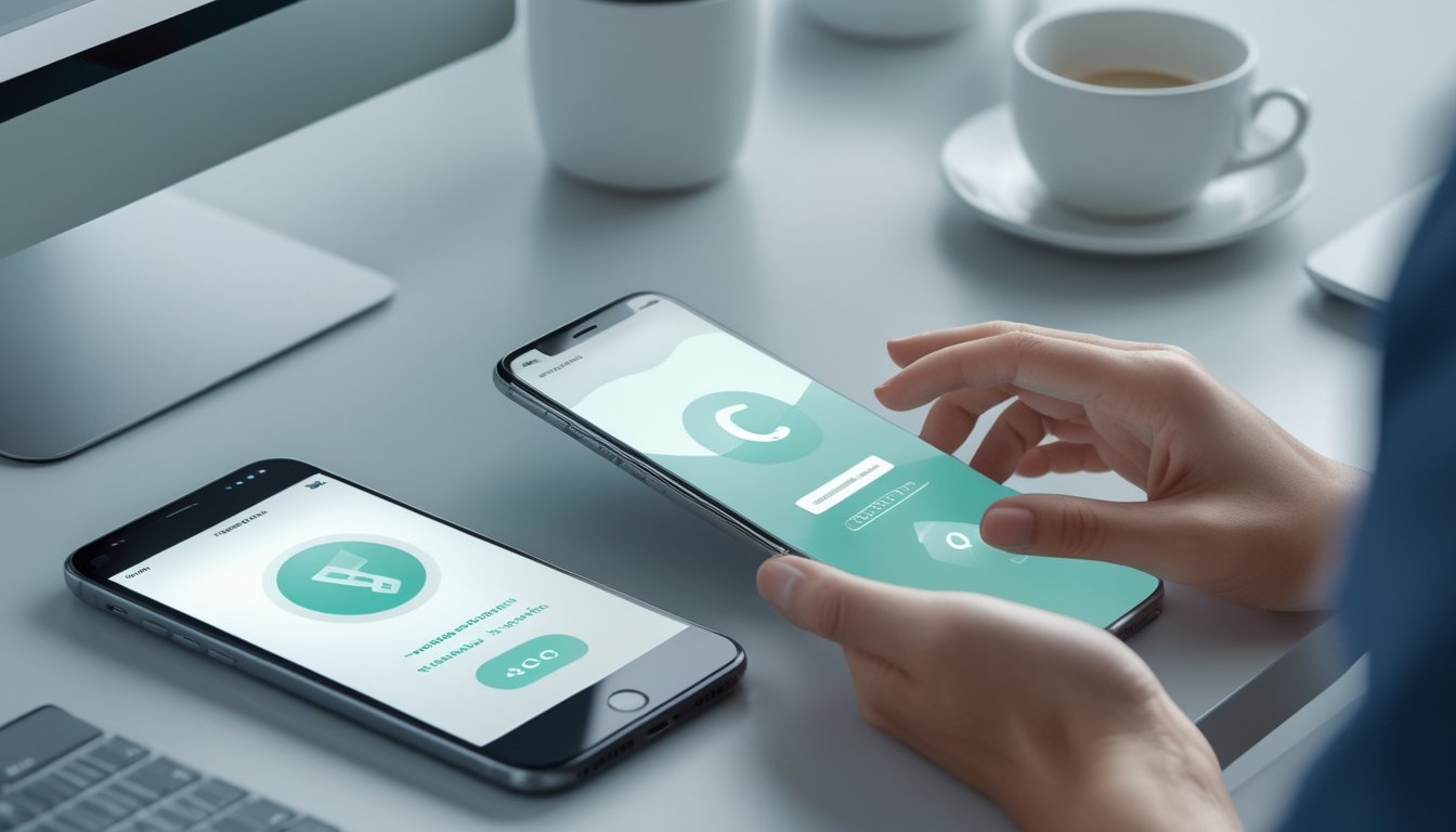 Tangan seseorang menggunakan ponsel untuk melakukan pembayaran digital di atas meja.