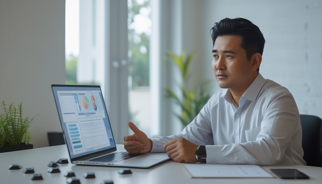 Pria dewasa merenungkan data probabilitas dan pengelolaan risiko di meja kerja.