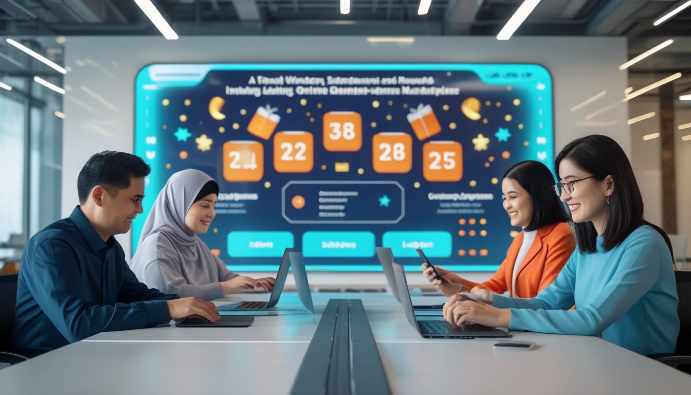Sekelompok orang dewasa menggunakan perangkat digital di ruang kerja modern dengan tampilan hadiah dan elemen angka abstrak.