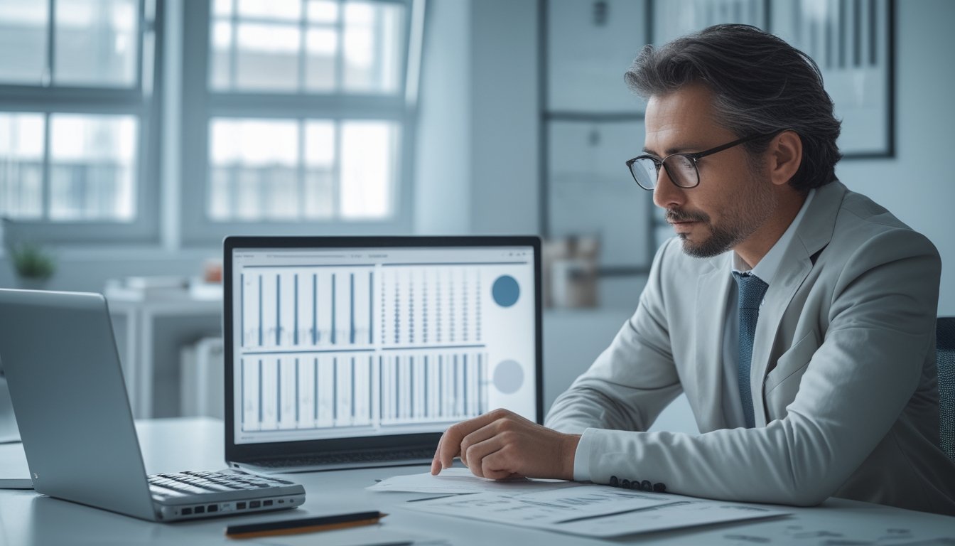 Seorang analis memeriksa grafik data abstrak dan angka pada meja kerja dengan laptop, kalkulator, serta catatan.