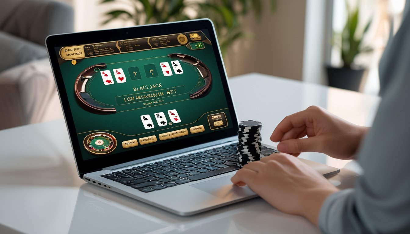 Laptop menampilkan meja blackjack dengan kartu dan chip taruhan kecil di atas meja.