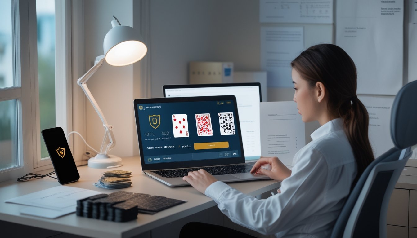 Pemula menilai platform blackjack daring di laptop dengan kartu, chip, dan simbol keamanan.