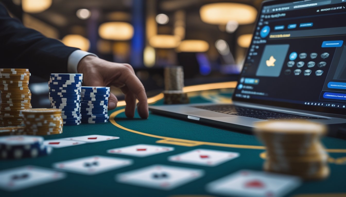 Meja blackjack dengan kartu, keping kasino, dealer, dan layar permainan online.