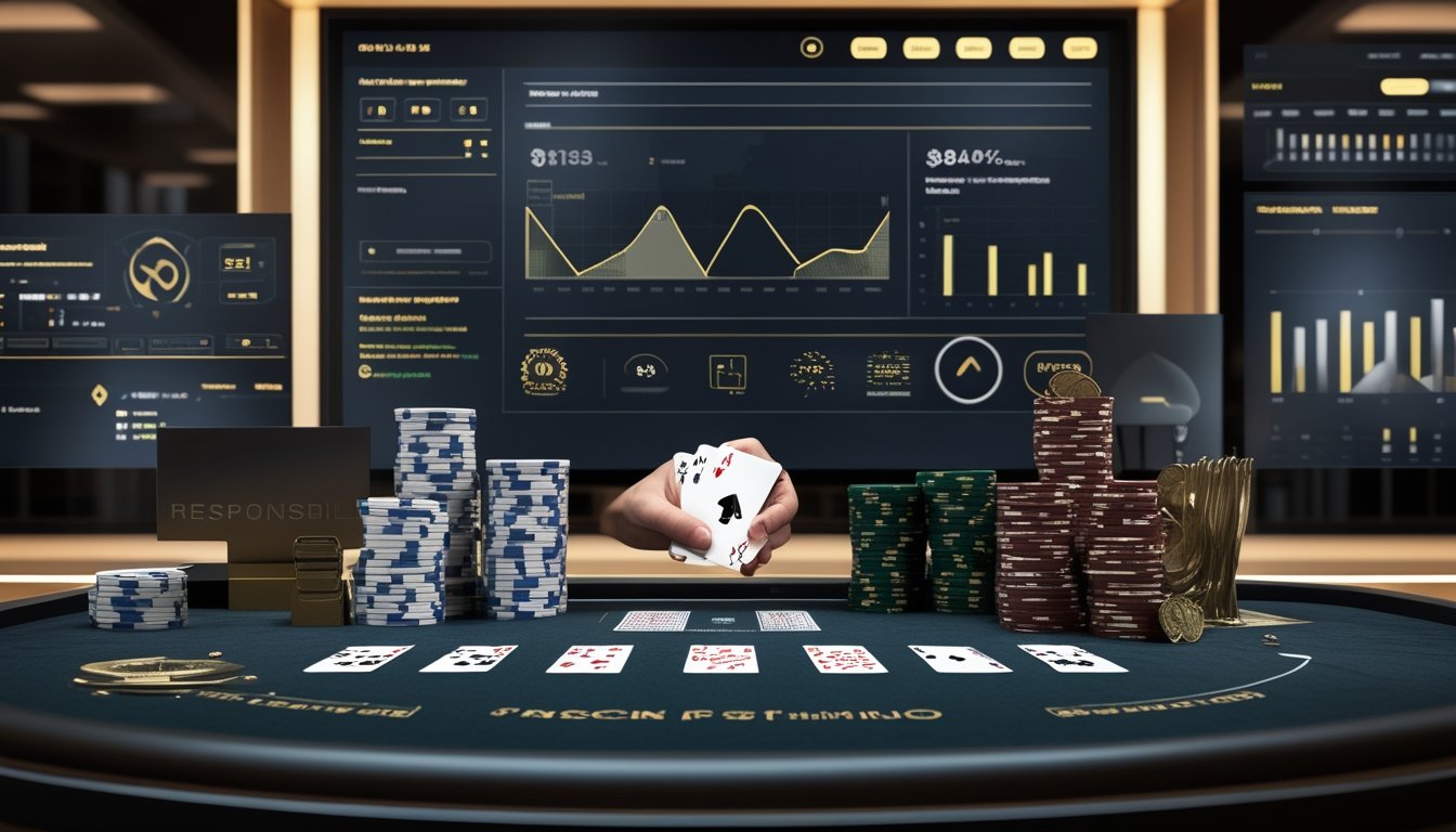 Meja blackjack dengan kartu, chip, dan layar analitik keamanan di latar belakang.