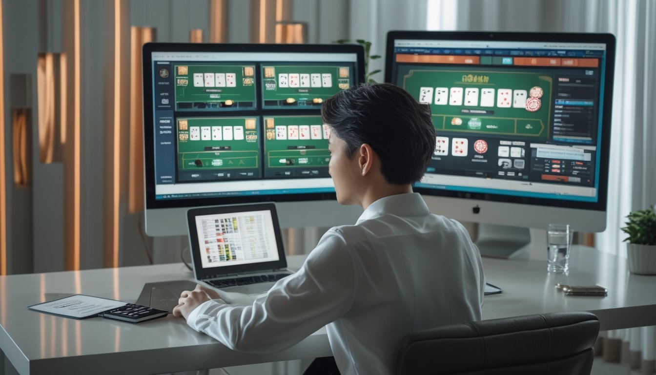 Seorang pemain mempelajari beberapa meja blackjack online pada monitor dan laptop di meja kerja.
