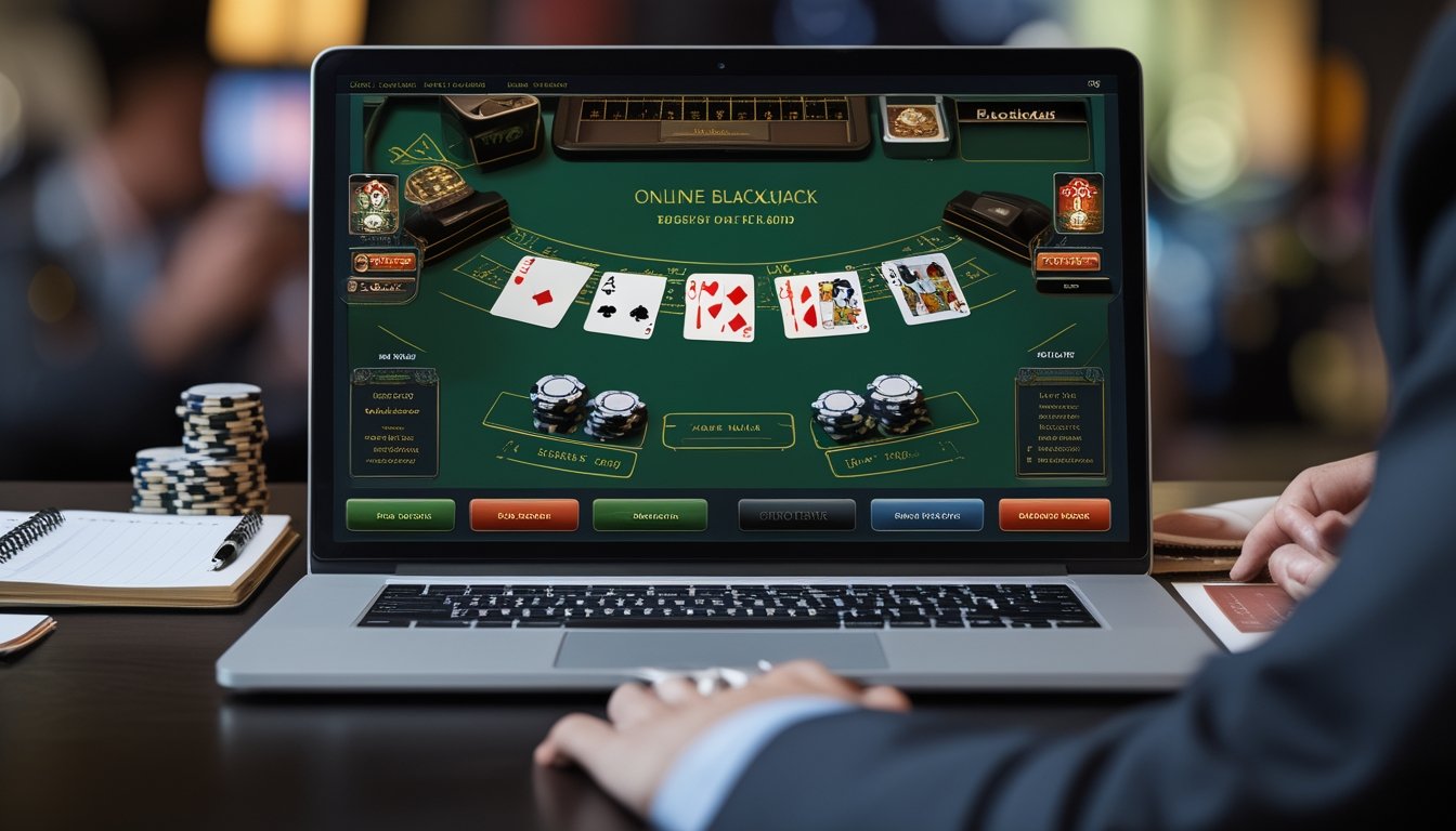 Tampilan meja blackjack online dengan beberapa tangan pemain, kartu, dan tumpukan chip yang tersusun rapi.