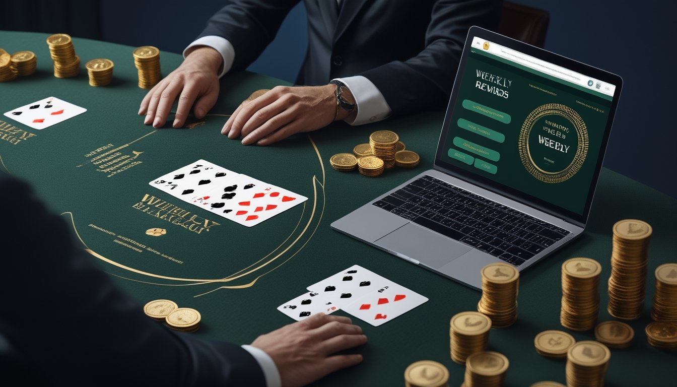 Meja blackjack dengan kartu, keping kasino, dan perangkat digital yang menampilkan permainan.