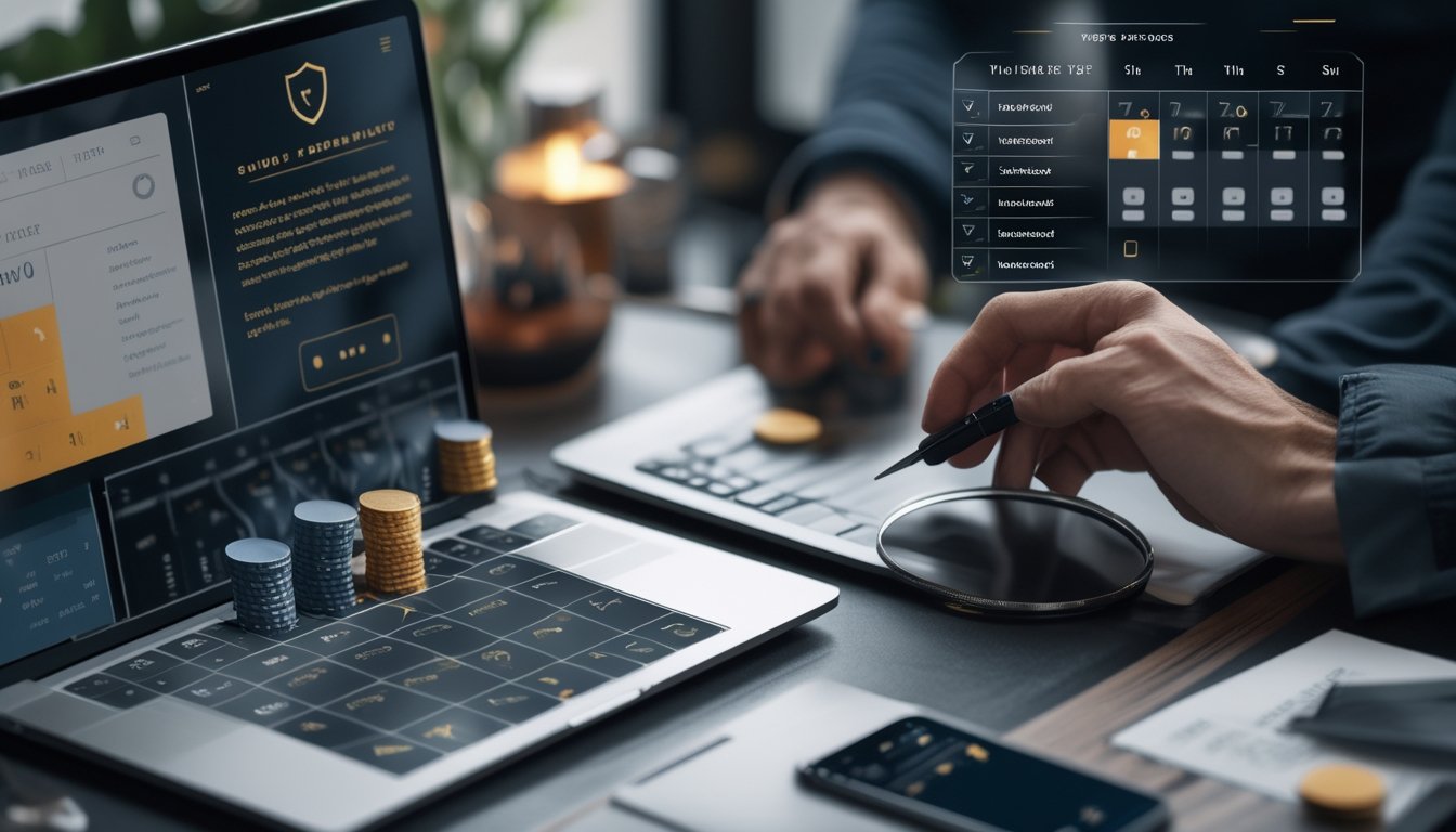 Seseorang memeriksa platform blackjack online dengan laptop, ponsel, kartu, chip, kalender, dan simbol keamanan.