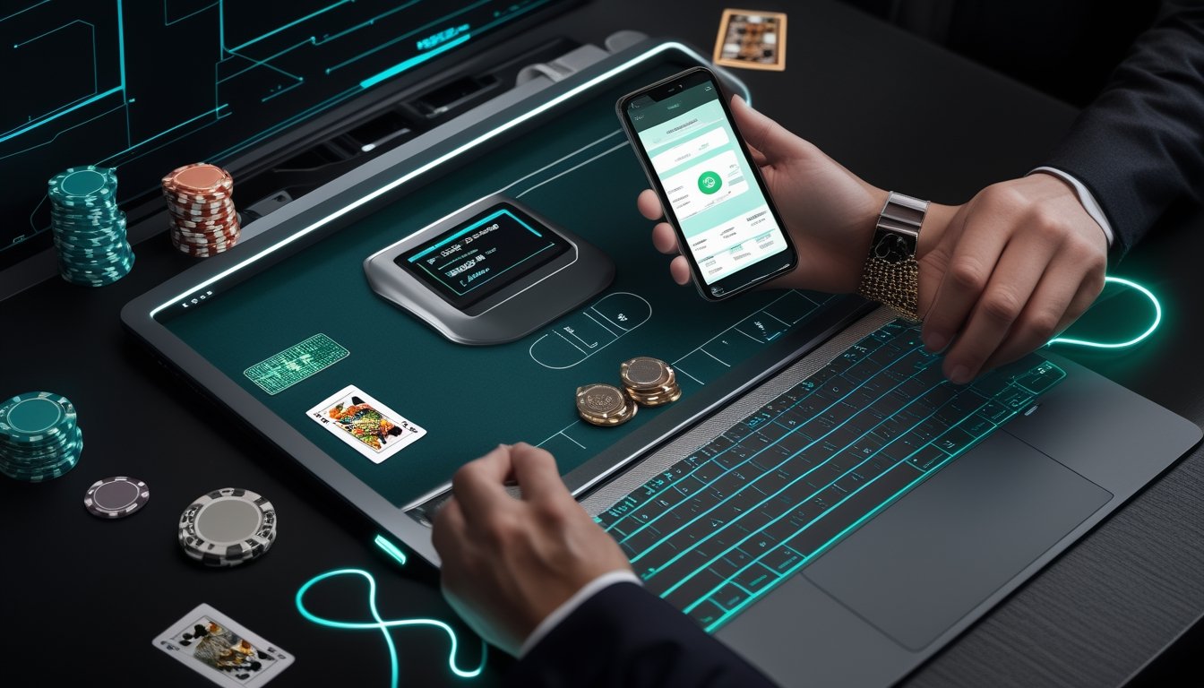 Laptop dan ponsel menampilkan permainan blackjack digital dengan kartu, chip kasino, dan antarmuka pembayaran aman.