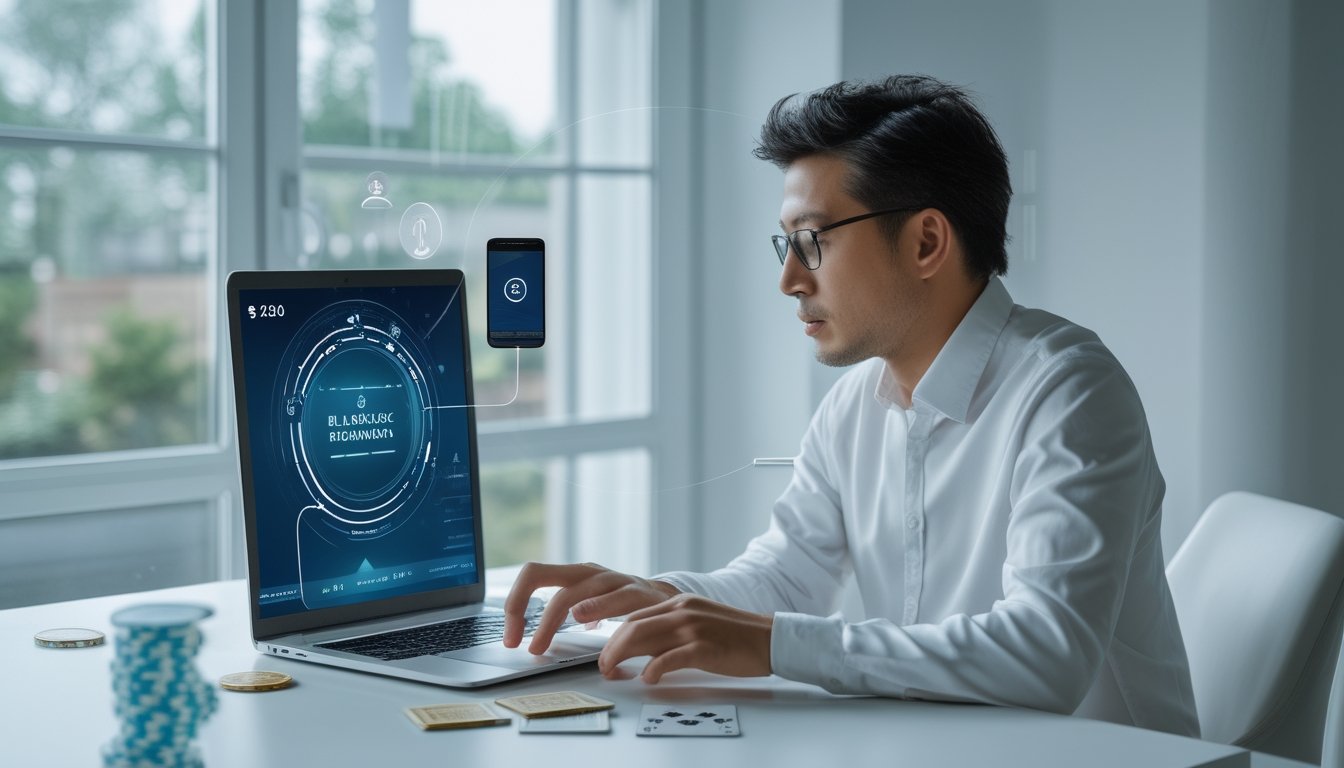 Pengguna memeriksa transaksi deposit dan penarikan blackjack online melalui laptop dan ponsel dengan kartu serta chip di meja.