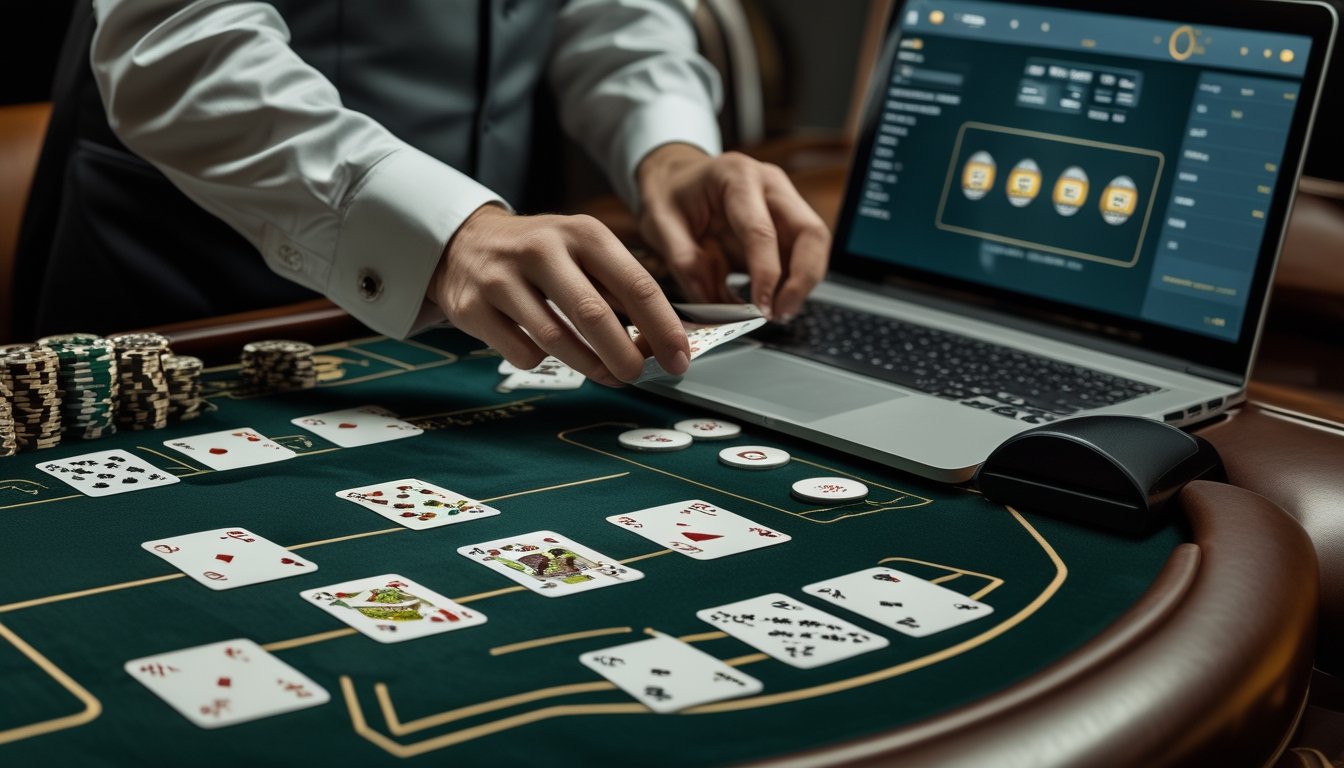 Meja permainan blackjack dengan kartu, tangan dealer, laptop, dan token yang tertata rapi.