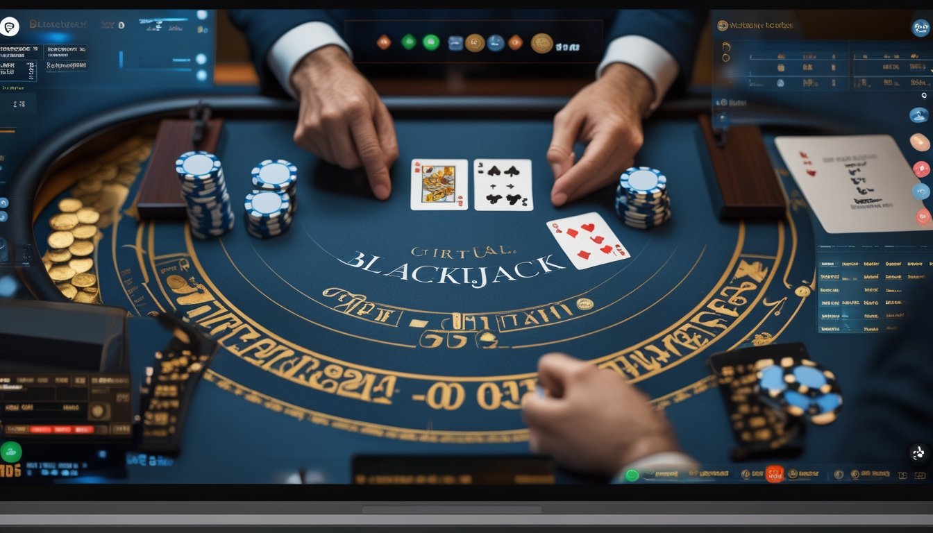 Tampilan meja blackjack virtual dengan kartu, keping kasino, dan perlengkapan analisis di samping komputer.