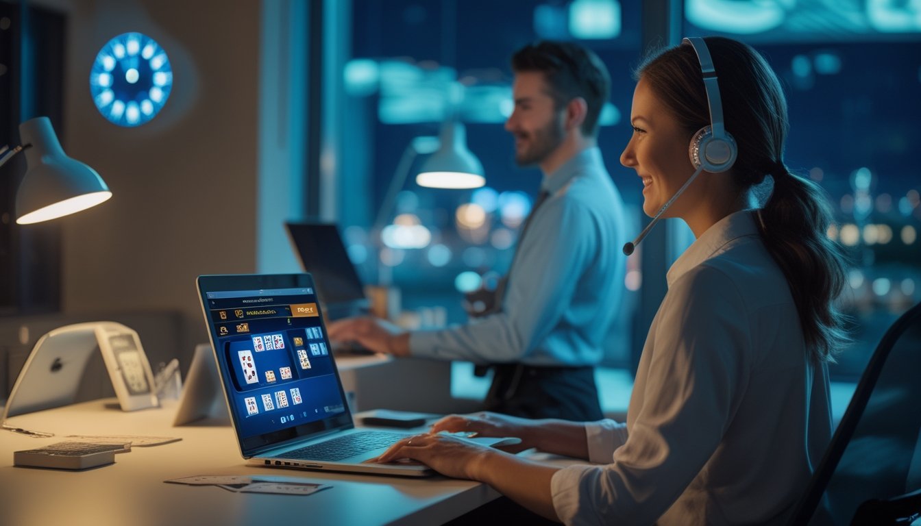Pelanggan bermain blackjack online di laptop sambil terhubung dengan petugas layanan pelanggan yang ramah melalui video.