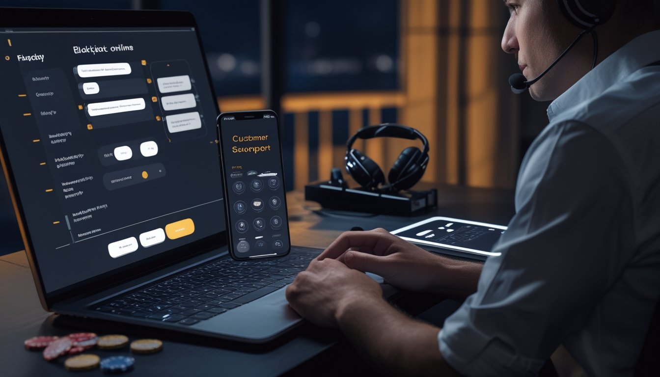 Seseorang membandingkan layanan blackjack online melalui laptop dengan dukungan pelanggan di ponsel.