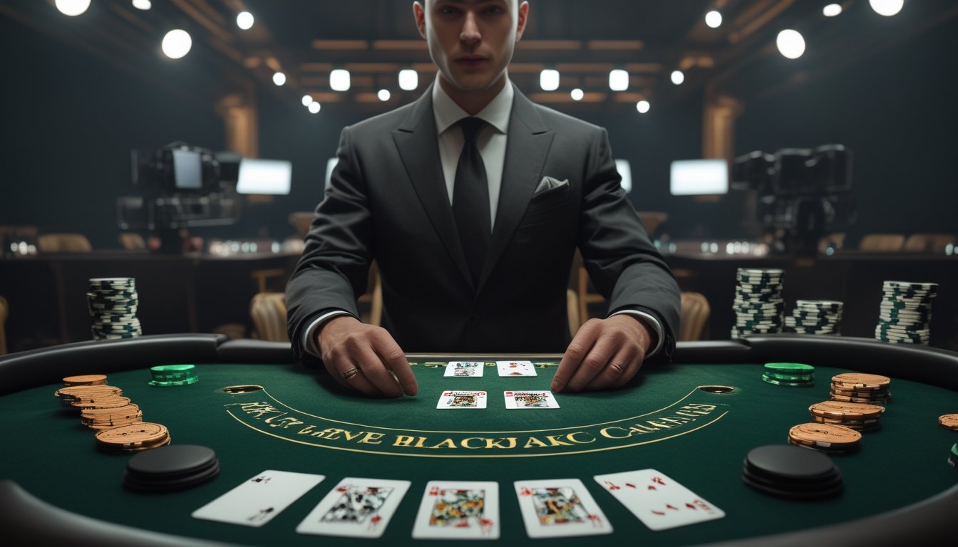 Dealer profesional membagikan kartu blackjack di meja kasino dengan kamera siaran langsung di latar belakang.