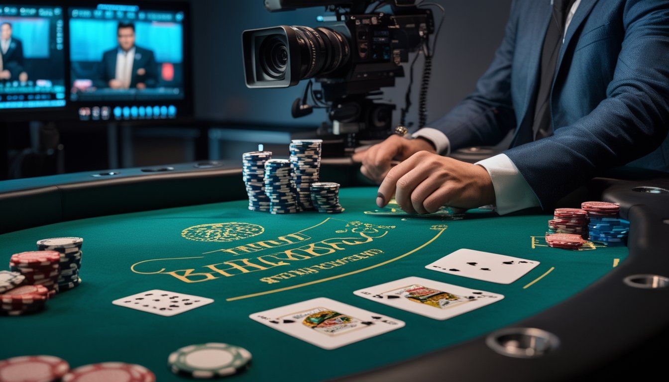 Meja blackjack live dengan kartu, keping kasino, dealer, dan peralatan kamera studio.