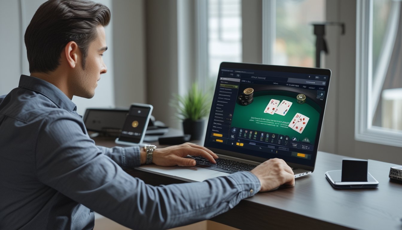 Orang dewasa menggunakan laptop untuk bermain blackjack online di ruang kerja modern dengan kartu dan keping taruhan di meja.