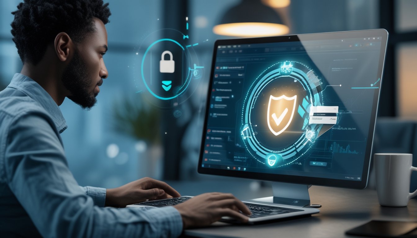 Pemain dewasa menggunakan laptop untuk mengakses permainan blackjack daring dengan simbol keamanan dan verifikasi di sekitarnya.