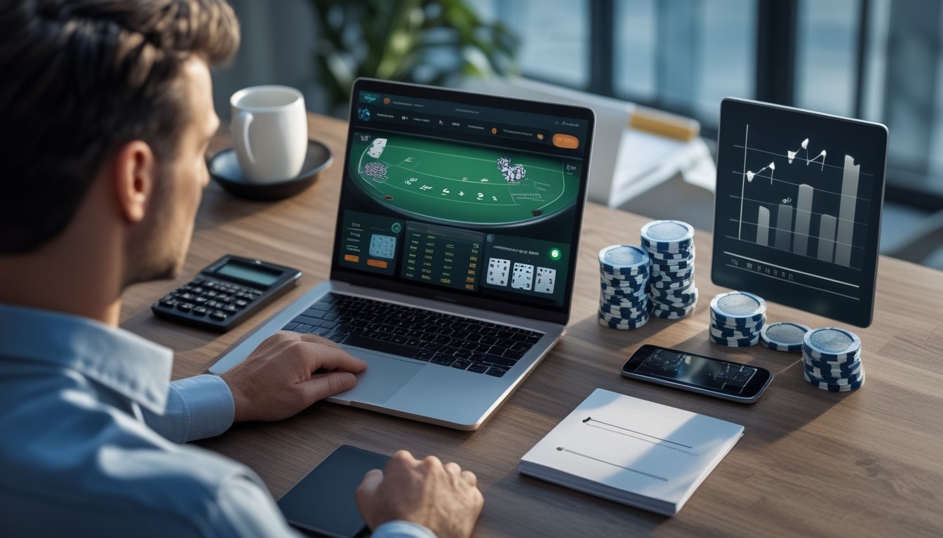 Seseorang menganalisis permainan blackjack di laptop dengan tumpukan chip yang meningkat bertahap di atas meja.