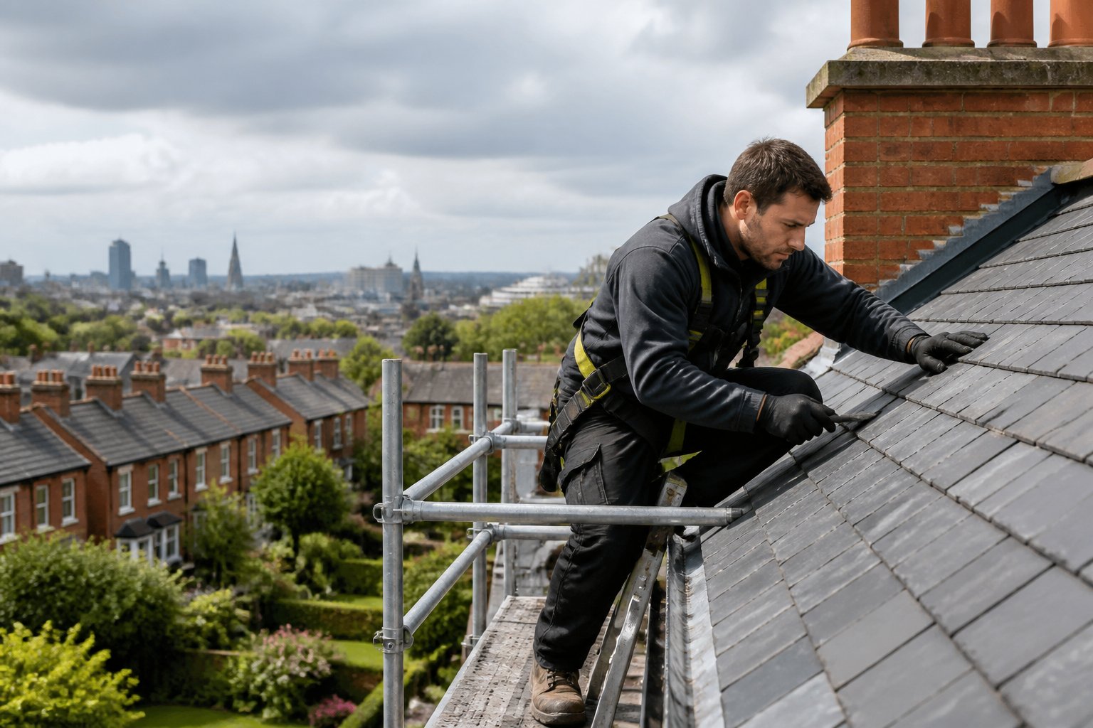 A roofer safely inspecting the slate roof of an Irish suburban home in Dublin.