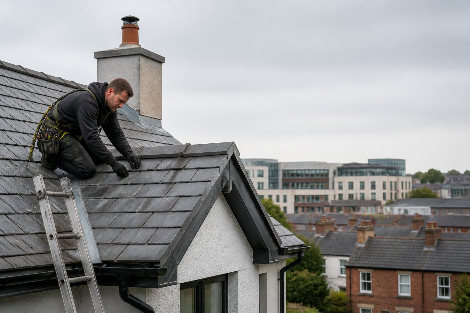 Roofer inspecting the slate roof of a Dublin home with buildings in the background.