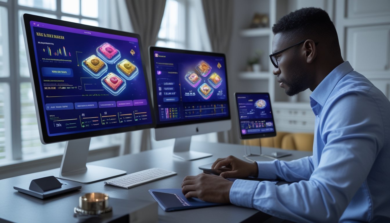 Orang dewasa menganalisis beberapa permainan slot digital menggunakan komputer, tablet, dan ponsel di ruang kerja modern.