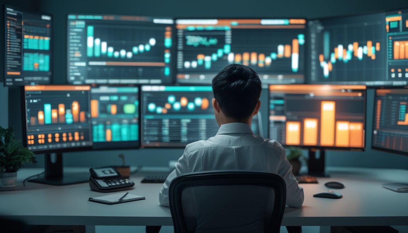 Seorang analis Indonesia meninjau grafik tren digital abstrak di beberapa layar komputer dalam kantor modern.