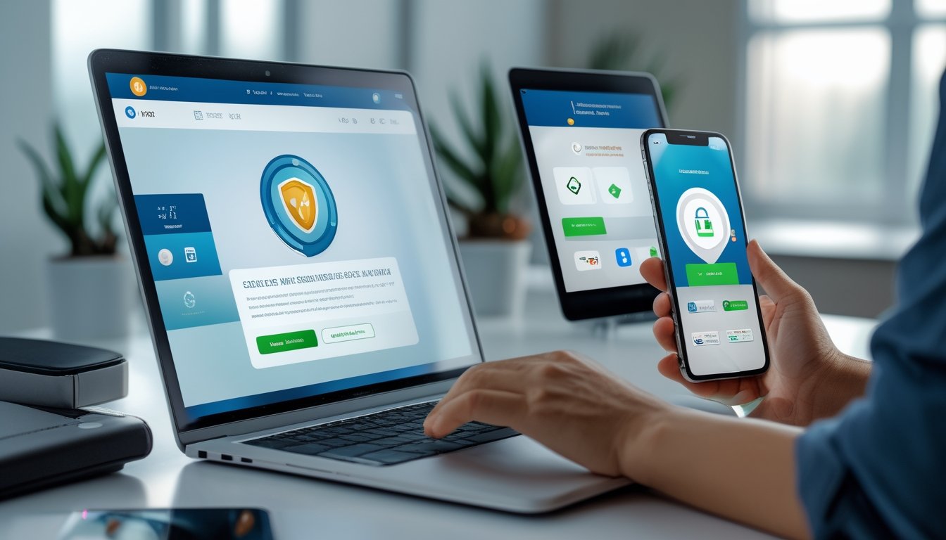 Seseorang memeriksa keamanan dan kredibilitas platform digital melalui laptop dan ponsel dengan simbol pembayaran QR serta perlindungan data.