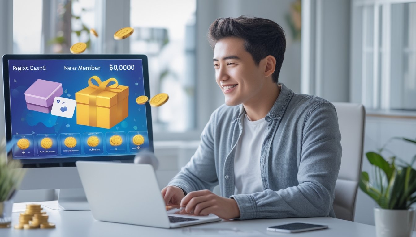 Orang dewasa menggunakan laptop dan ponsel dengan tampilan hadiah digital di ruang kerja modern.