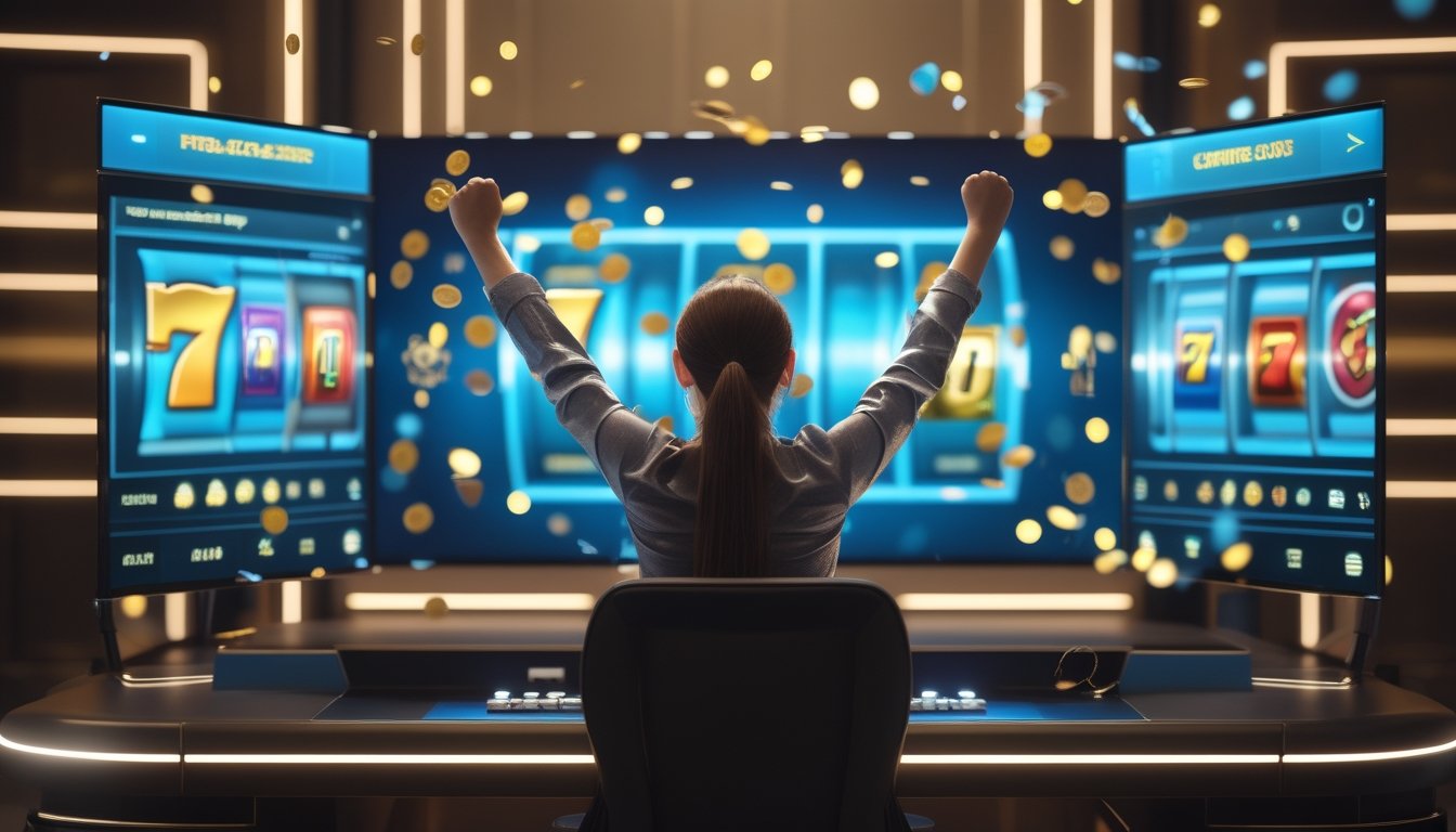 Seorang pemain merayakan kemenangan jackpot besar di depan layar permainan kasino online.