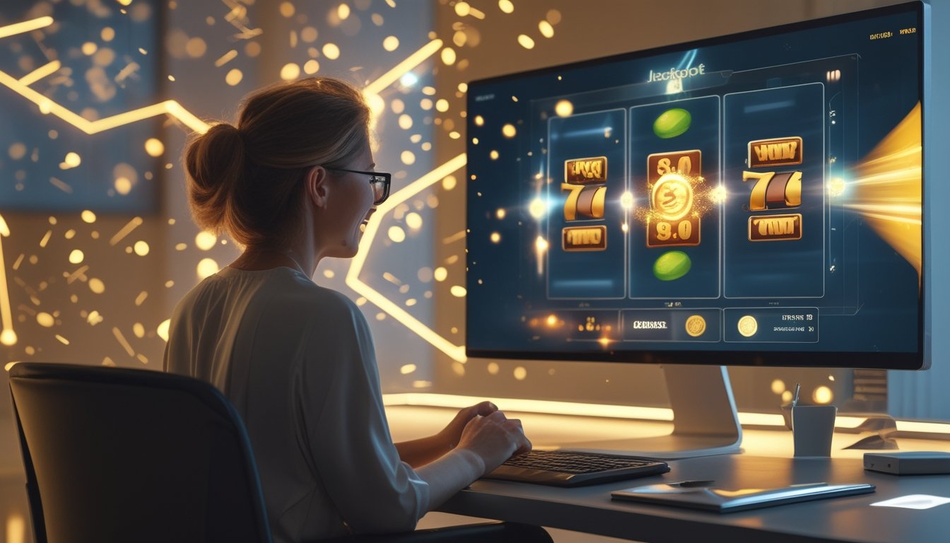 Seorang pemain dewasa melihat tampilan permainan slot bercahaya di meja kerja dengan nuansa kemenangan jackpot.