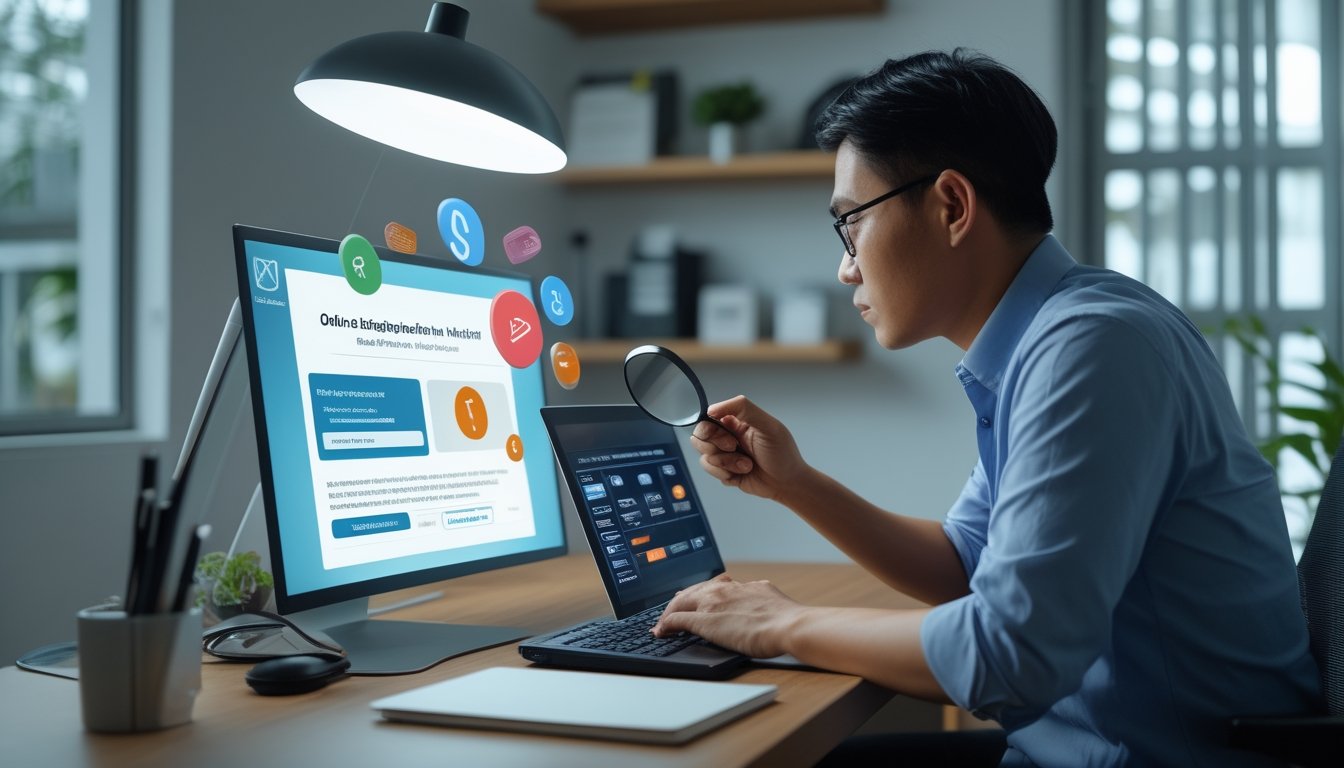 Seorang pengguna memeriksa situs daring mencurigakan di laptop dengan bantuan ikon peringatan dan kaca pembesar.