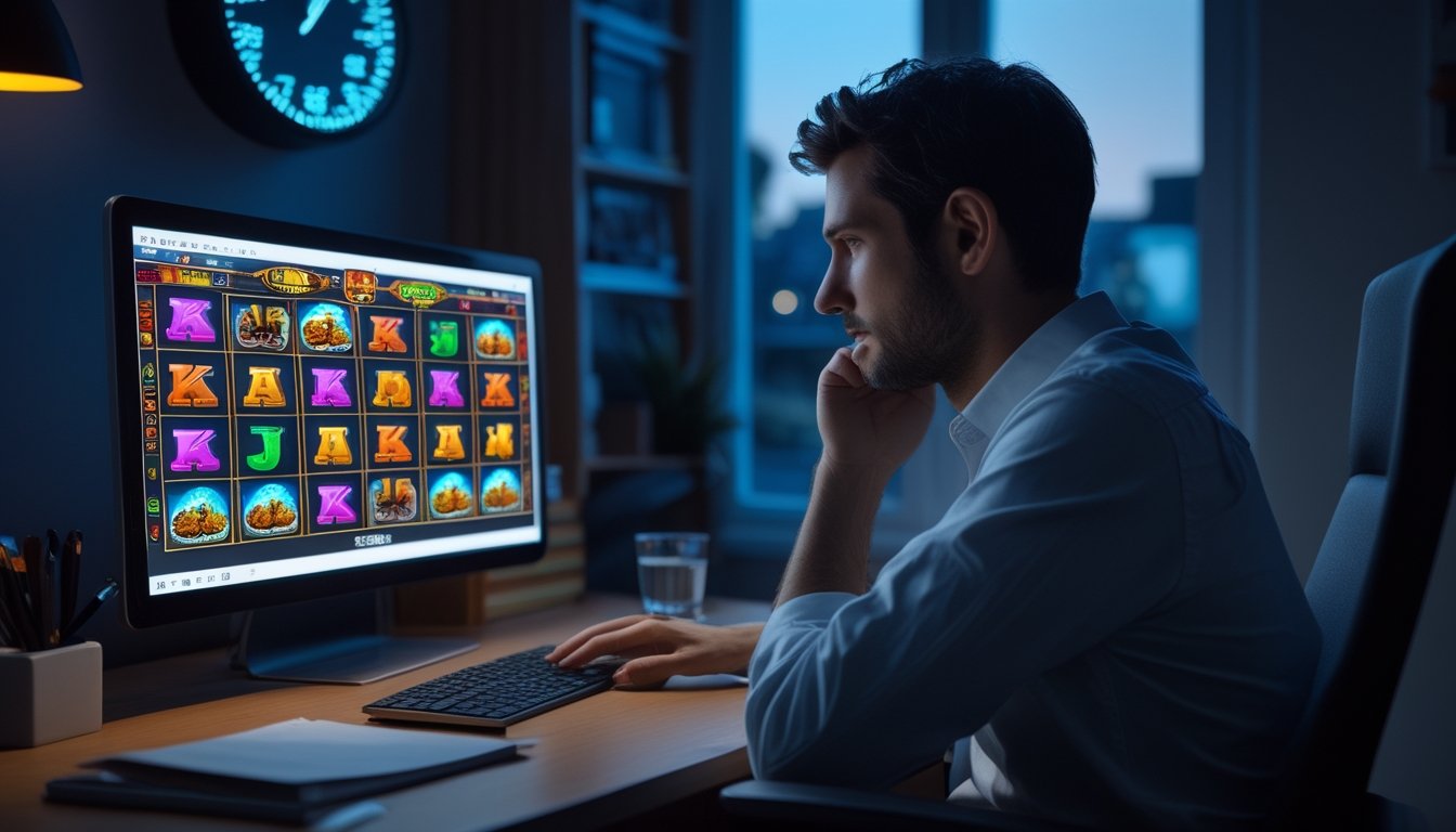 Seseorang mempelajari permainan slot digital di laptop pada malam hari sambil memperhatikan jam.